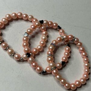 Pink Pearl & Heart Charm Bracelet Set